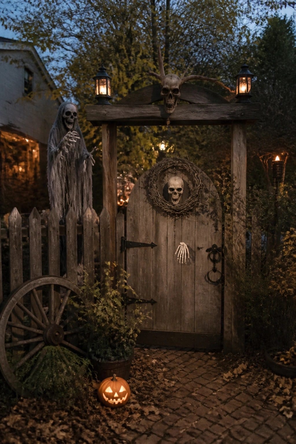 Wooden yard gate decorated with a hanging skeleton figure, skull wreath, and mounted skull, plus a glowing jack o lantern on the ground.