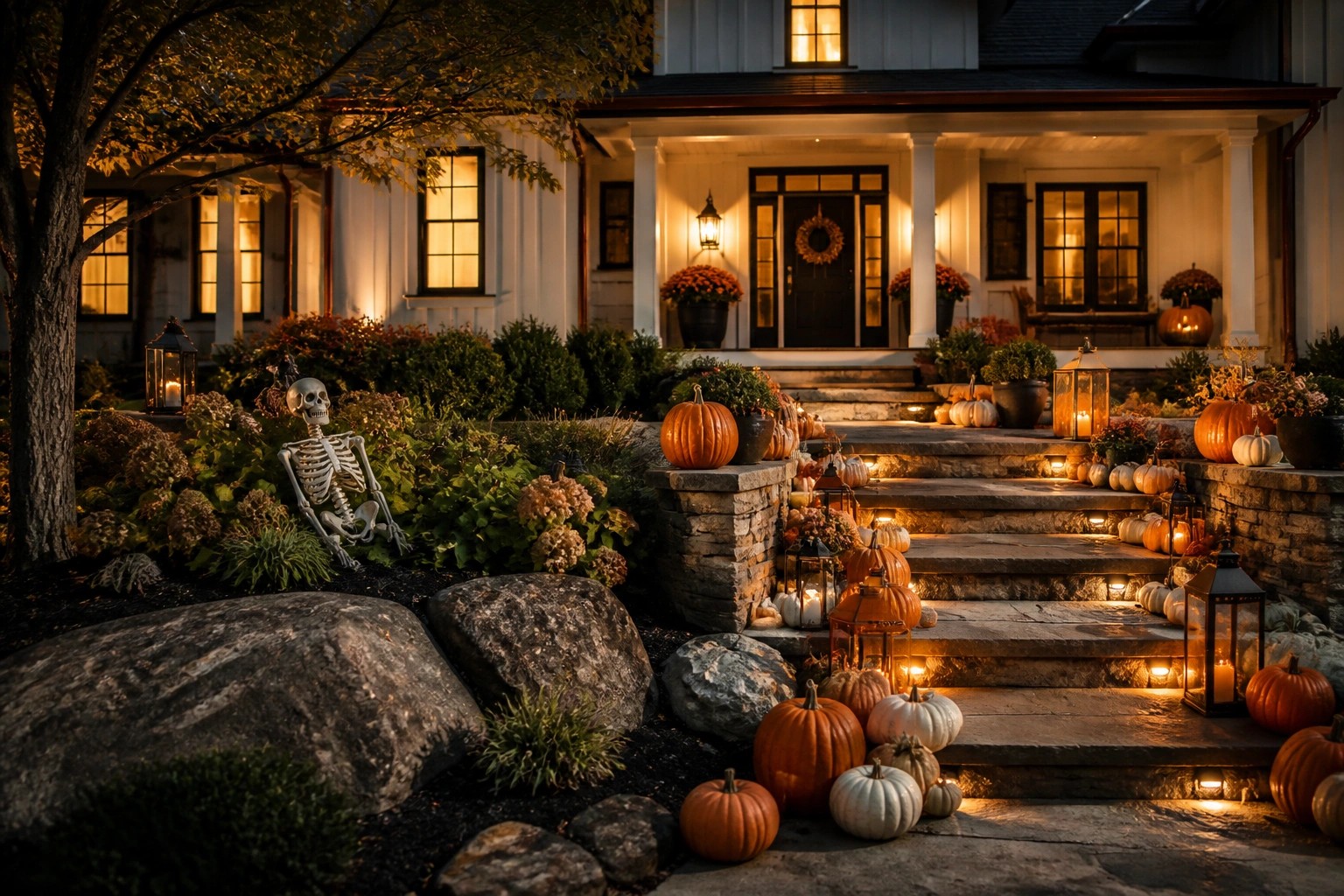 Glowing jack-o'-lanterns and lanterns line a stone path to a white house at dusk