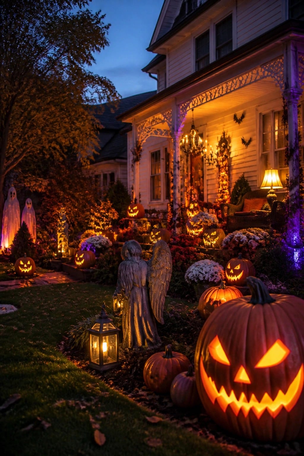 Glowing jack-o'-lanterns, angel statue, ghosts, and decorated house at night.