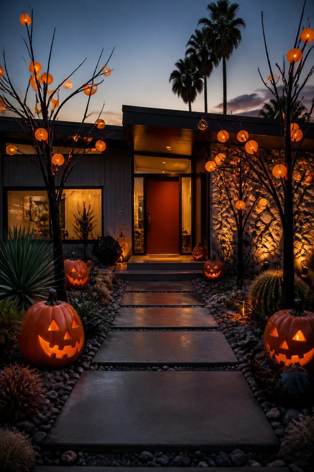 Stone walkway lined with large carved jack o lanterns leading to a modern house entrance with illuminated branches on either side.