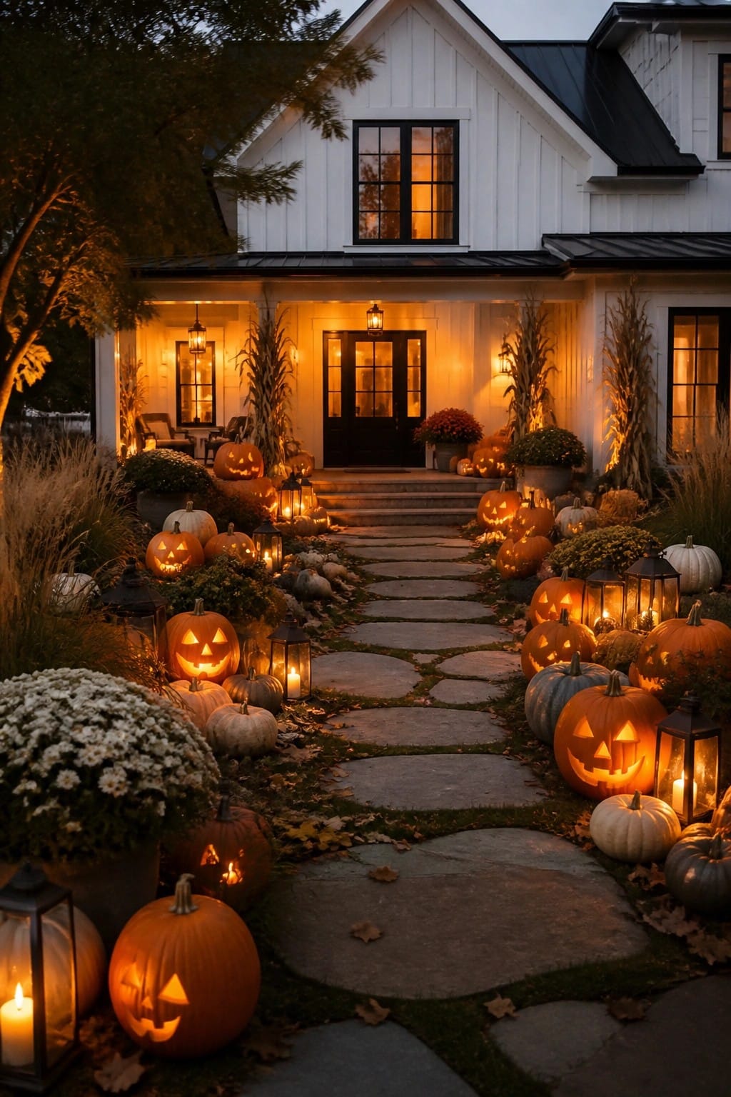Glowing jack-o'-lanterns and lanterns line a stone path to a white house at dusk