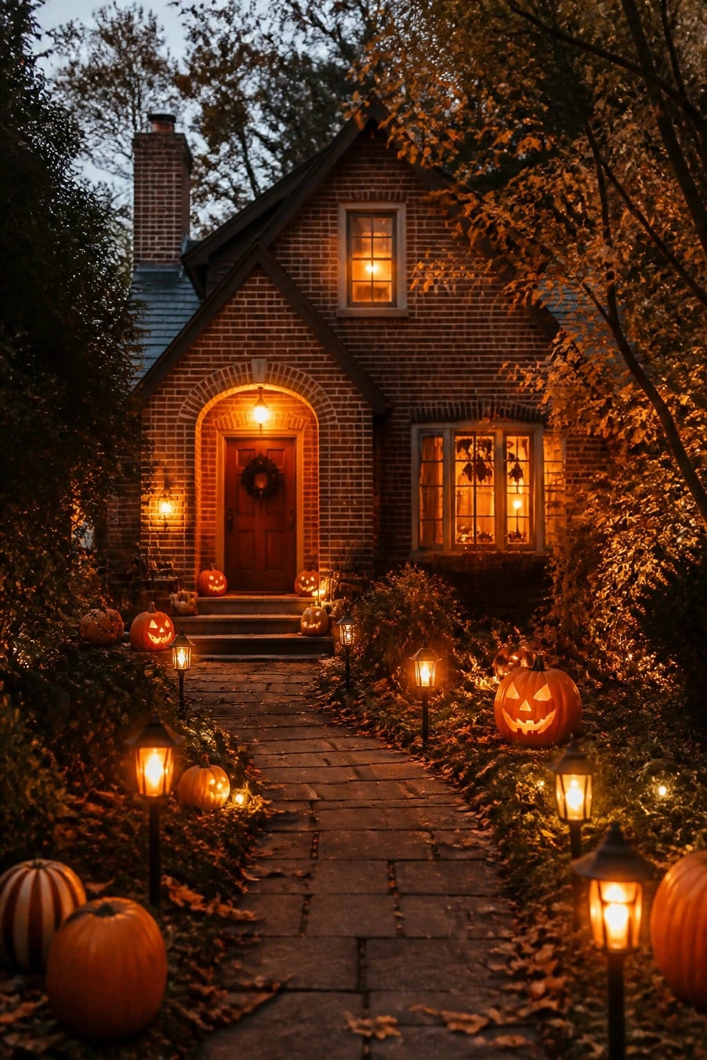 Stone walkway lined with glowing carved pumpkins and lanterns leading to a brick house at night.