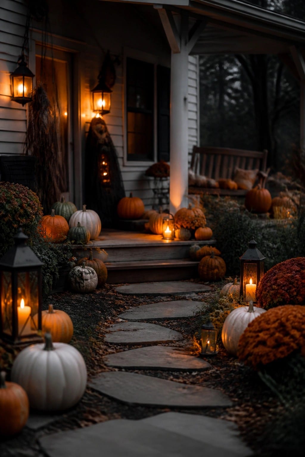 Lantern-lit stone path winds past pumpkins and mums to a decorated porch.