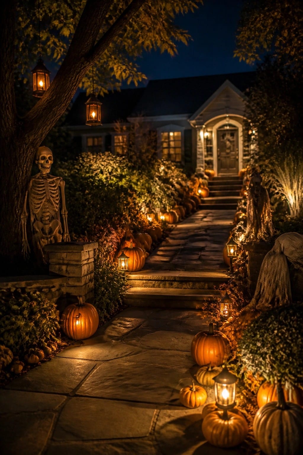 Stone walkway lined with glowing pumpkins and lanterns, flanked by standing skeletons and ghost figures leading to a house entrance.