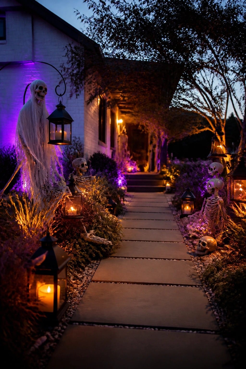Stone walkway lined with skeleton figures and lanterns leading to a house at dusk.