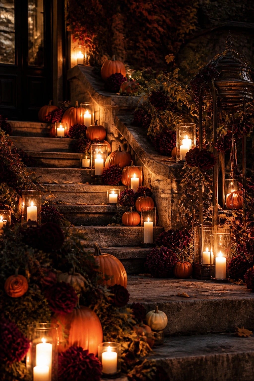 Stone outdoor staircase lined with lit jack o lanterns and candles in glass holders for a Halloween display.