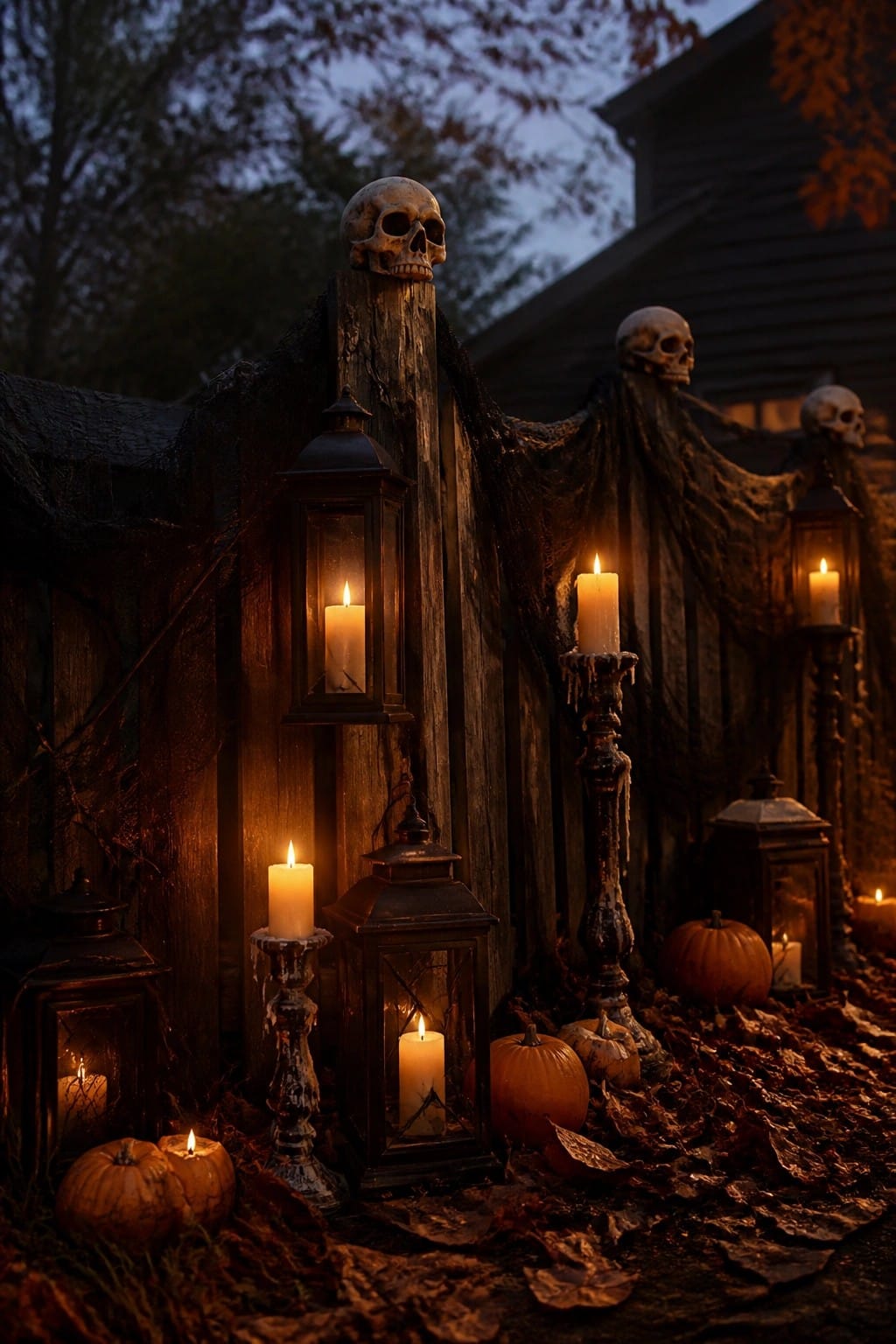 Wooden fence posts topped with skulls and draped in black fabric, surrounded by glowing lanterns and pumpkins on the ground.