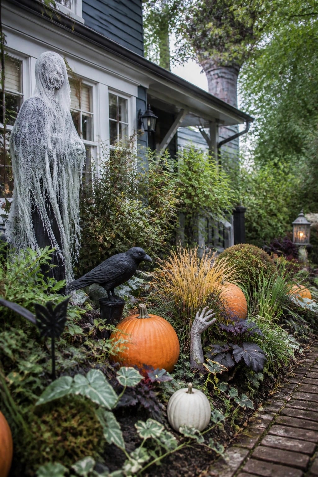 Front yard garden bed beside a house featuring a tall white ghost decoration, a black crow, orange pumpkins, and a gray zombie hand emerging from the soil.