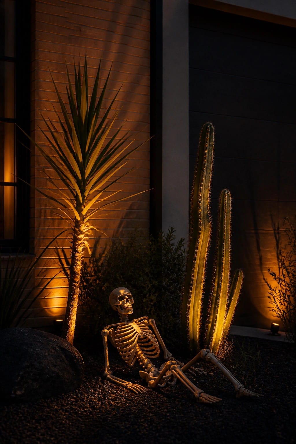 A skeleton decoration sitting on the ground next to a brick wall, tall yucca plant, and cacti in a yard at night.
