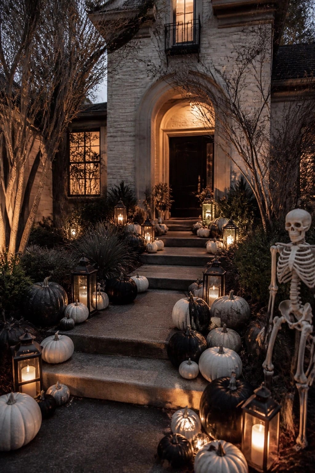 Front steps lined with black and white pumpkins and lanterns, with a full skeleton standing at the side of the walkway.