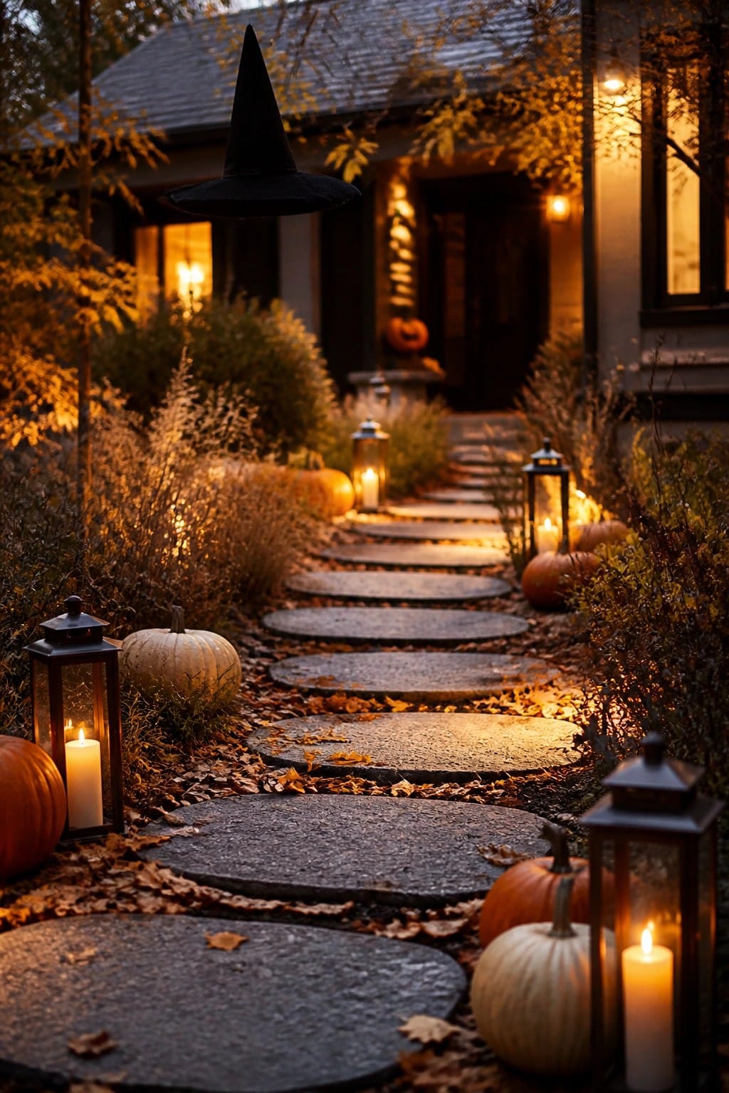 Stone walkway lined with glowing lanterns and pumpkins leading to a house with a large black witch hat suspended above the path.