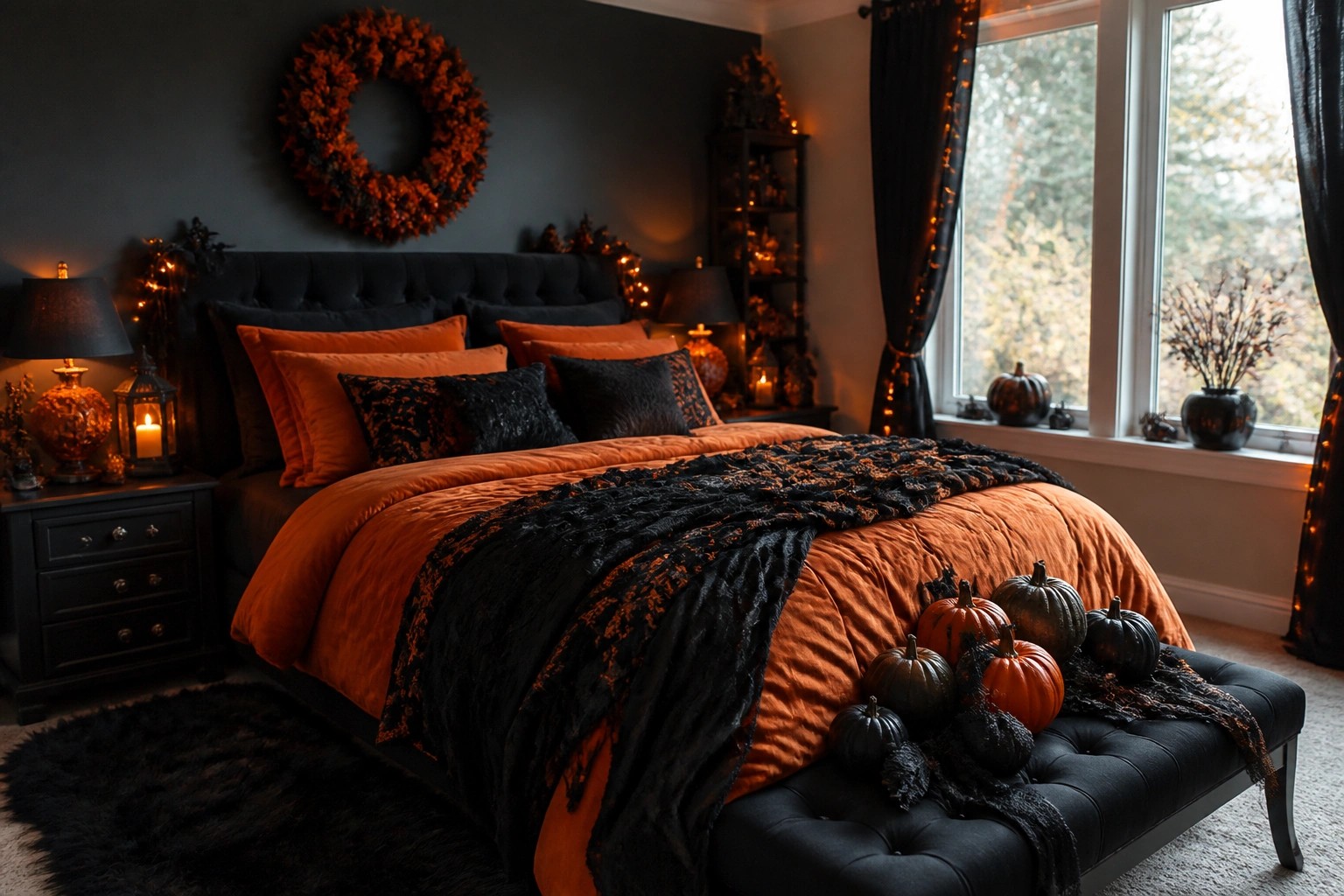 Bedroom with black bed covered in jack o lantern and bat pillows, orange throw blanket, and several pumpkins placed on a black rug.
