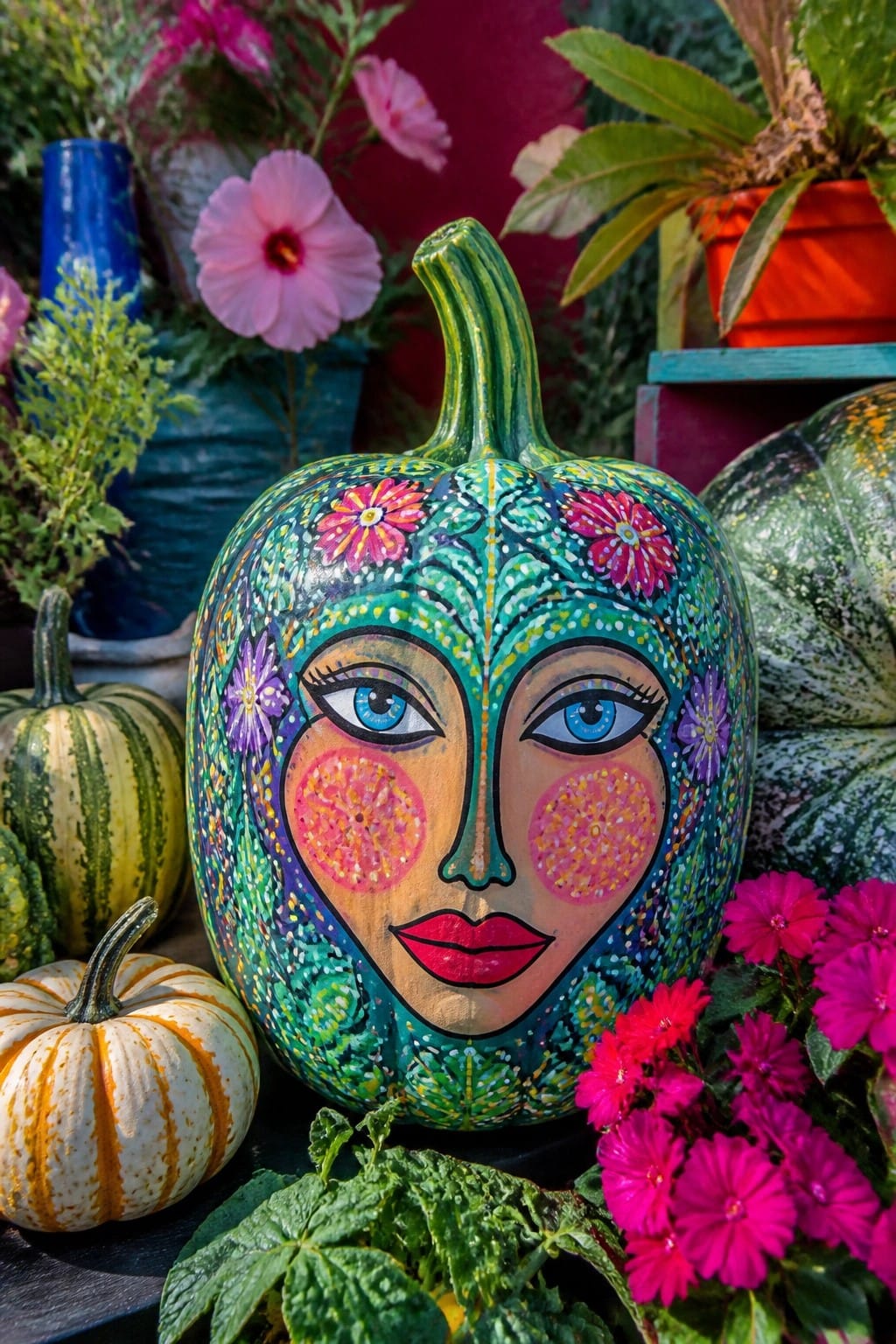 Vibrant painted pumpkin with floral face design amid pink flowers and gourds
