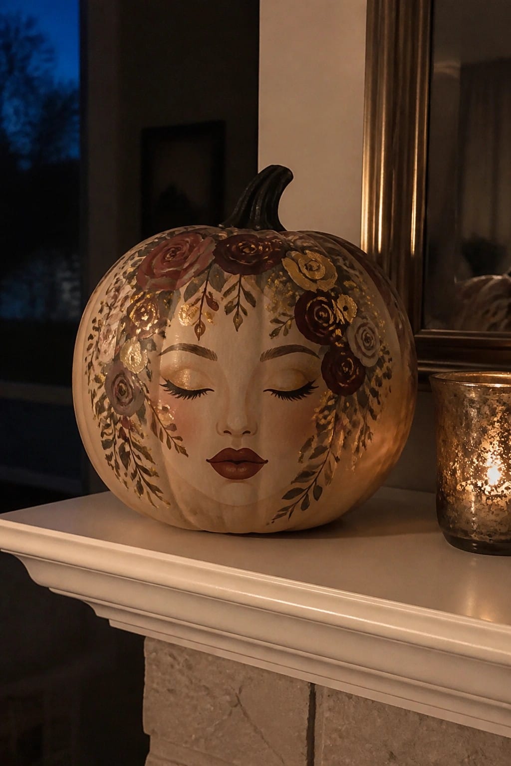 A white pumpkin painted with a woman's face and floral designs sits on a white mantel next to a lit candle.