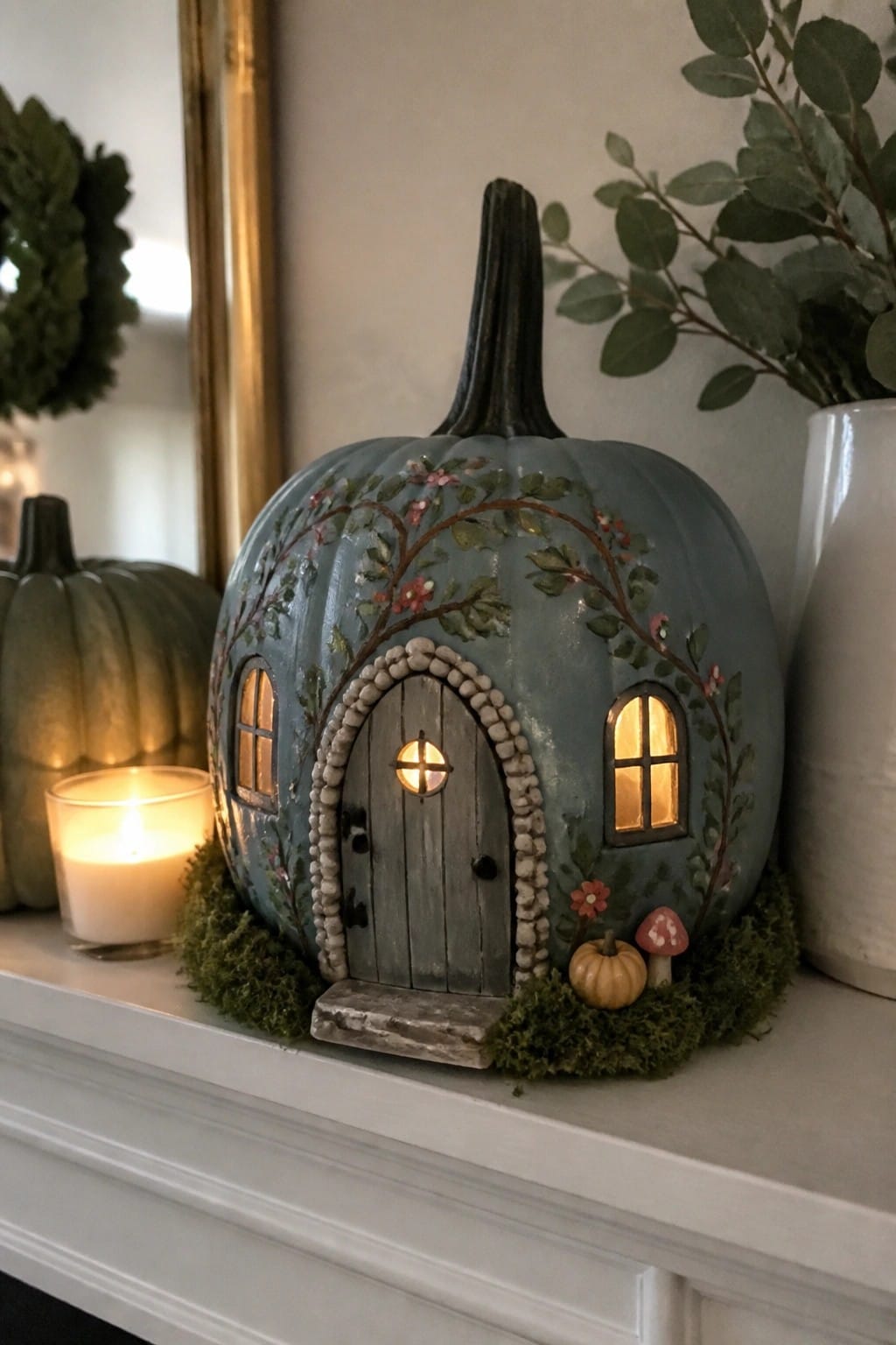 A blue-gray painted pumpkin decorated as a small house with door, windows, and vines sits on a white mantel surrounded by moss and a lit candle.