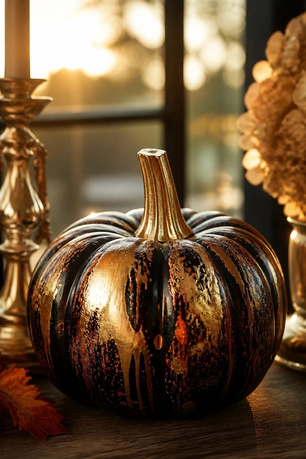 Black pumpkin with dripping gold metallic paint displayed on a wooden surface with a gold candlestick nearby.