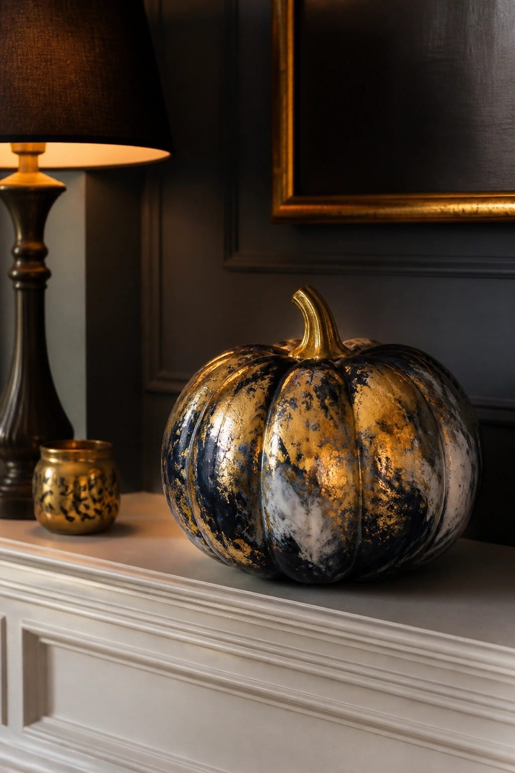 A white mantel holds a large pumpkin painted in distressed black and gold tones, with a dark lamp and small gold candle holder to the side.