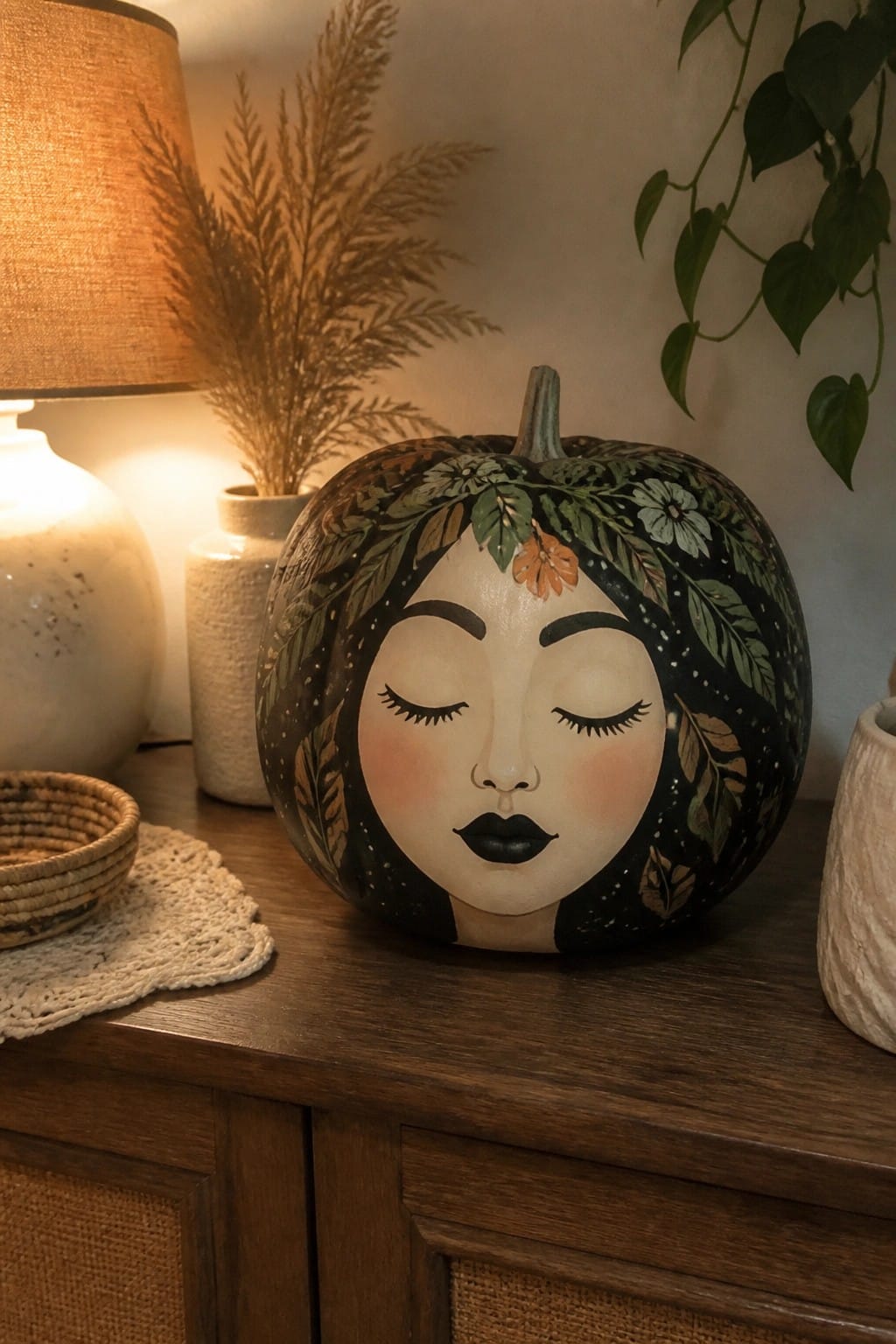 A painted pumpkin with a woman's face, closed eyes, black lips, and botanical designs rests on a wooden surface near a lamp and dried plants.