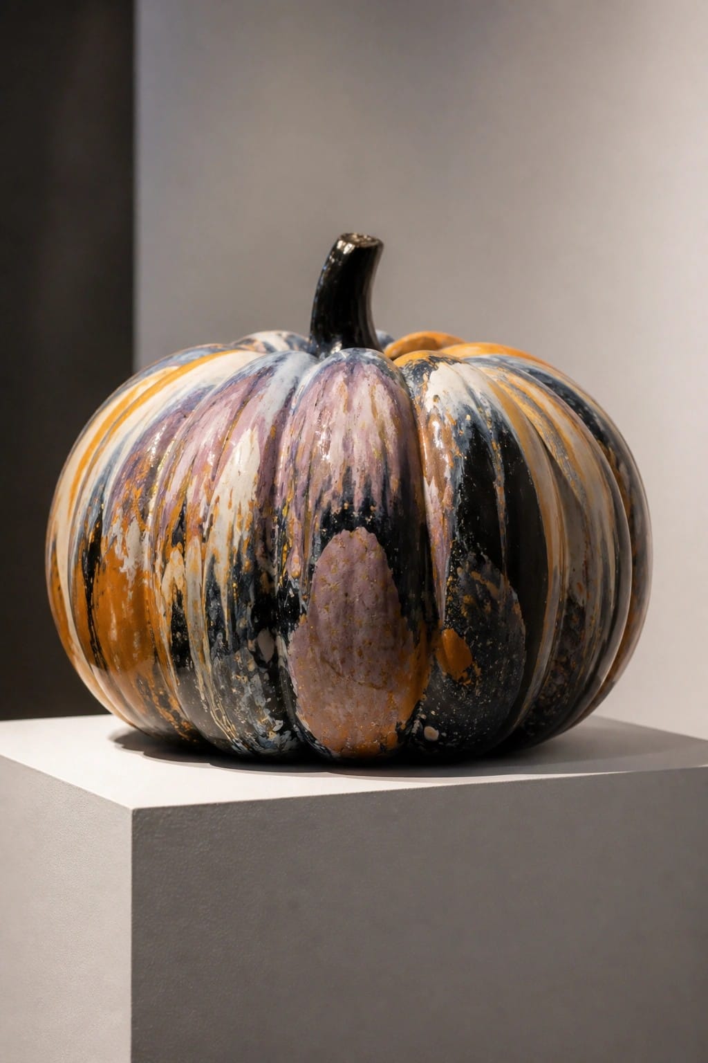 Multicolored marbled ceramic pumpkin with black stem on white pedestal