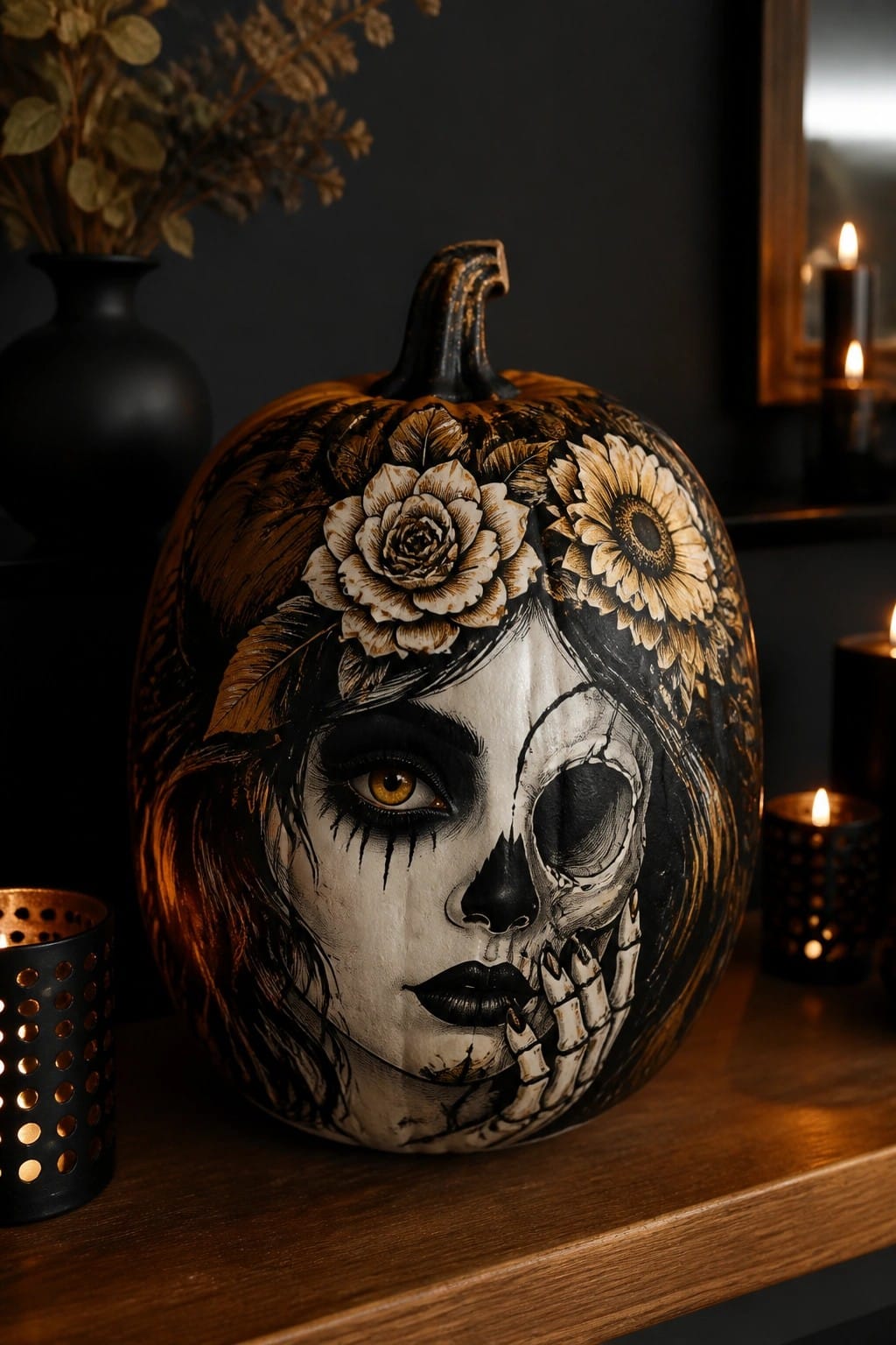 Large pumpkin painted with a half woman's face and half skull design, flowers in the hair, and a skeleton hand near the cheek, sitting on a wooden surface with candles nearby.