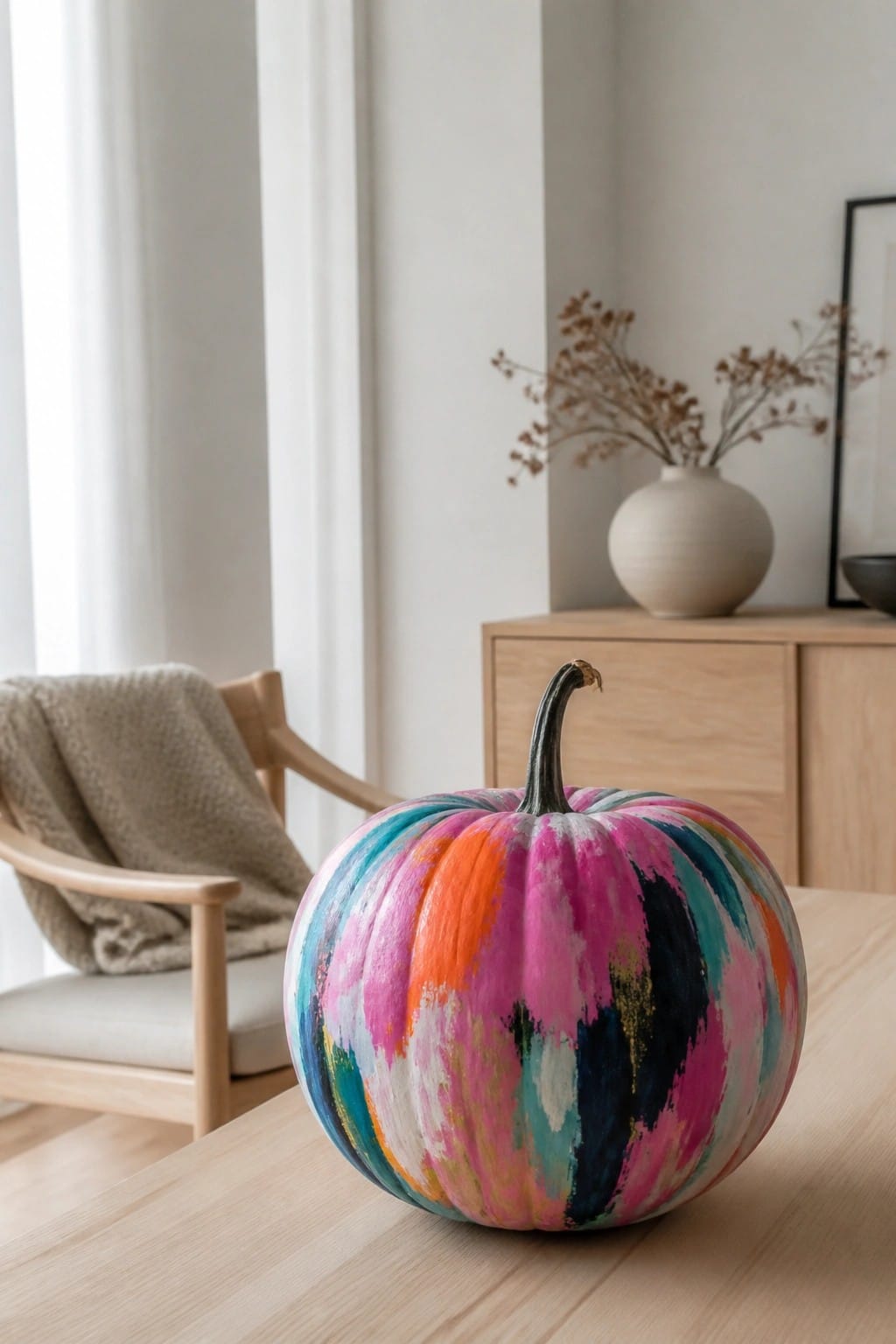 Colorful abstract-painted pumpkin with pink, orange, and teal brushstrokes on wooden table