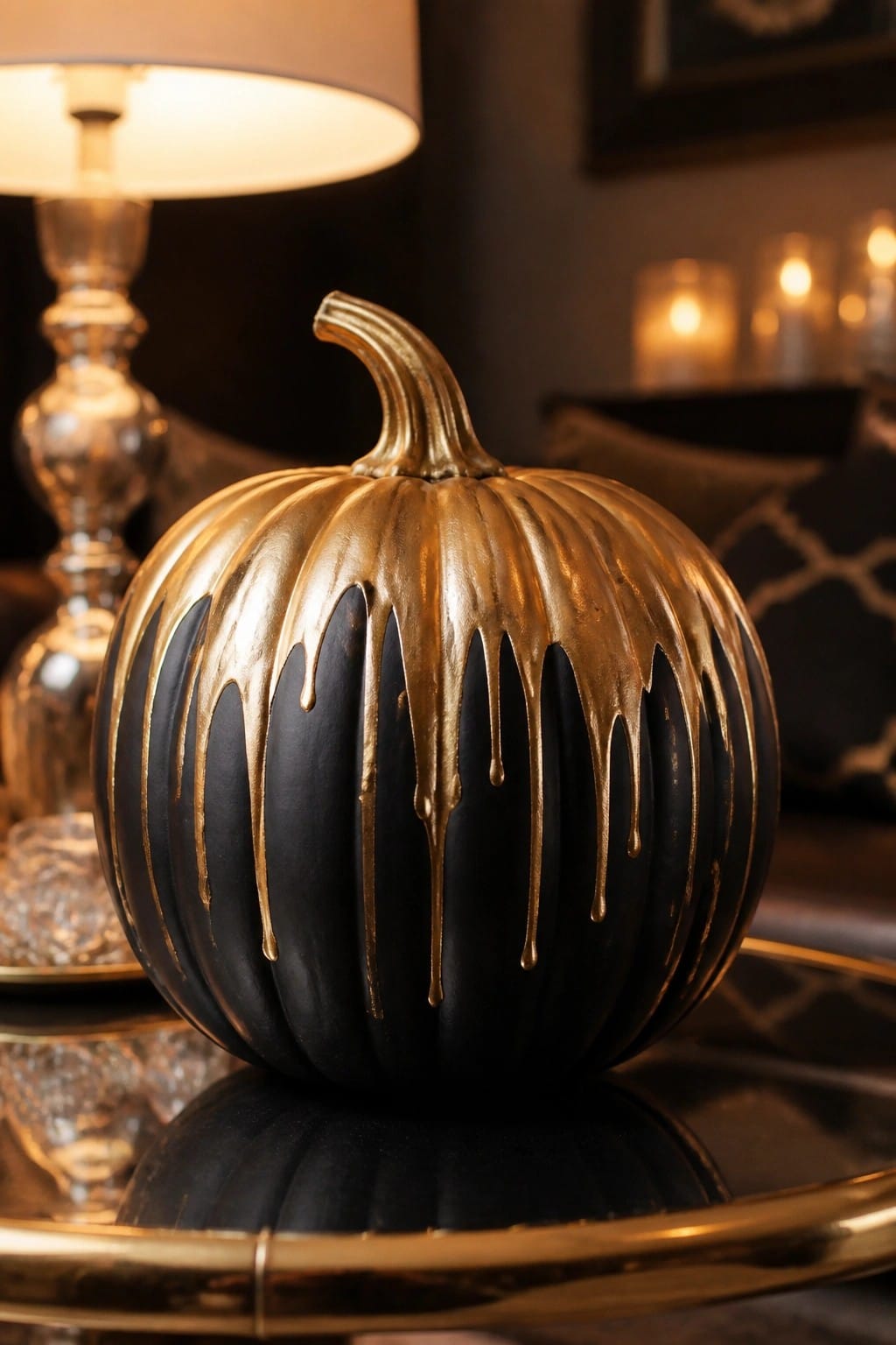 Black pumpkin with dripping gold paint displayed on a gold tray beside a lamp.