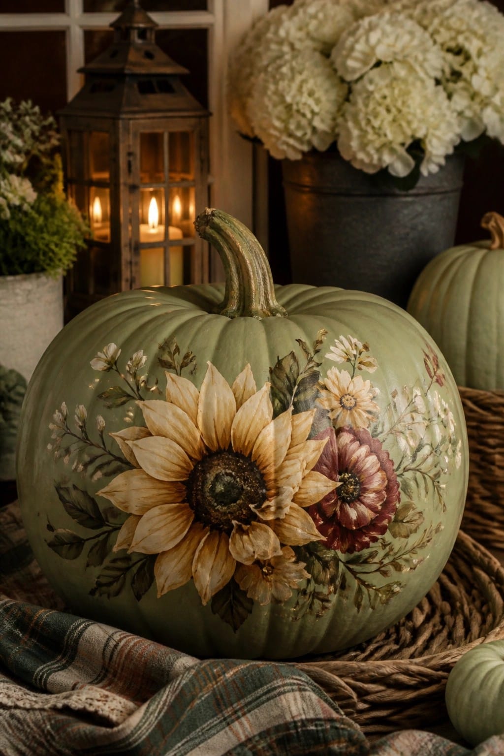 Sage green pumpkin hand-painted with sunflowers and florals on plaid and basket