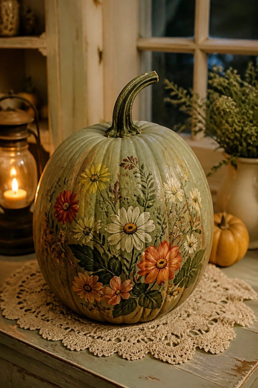 Large sage green pumpkin hand-painted with red, orange, yellow, and white flowers resting on a lace doily beside a lit lantern.
