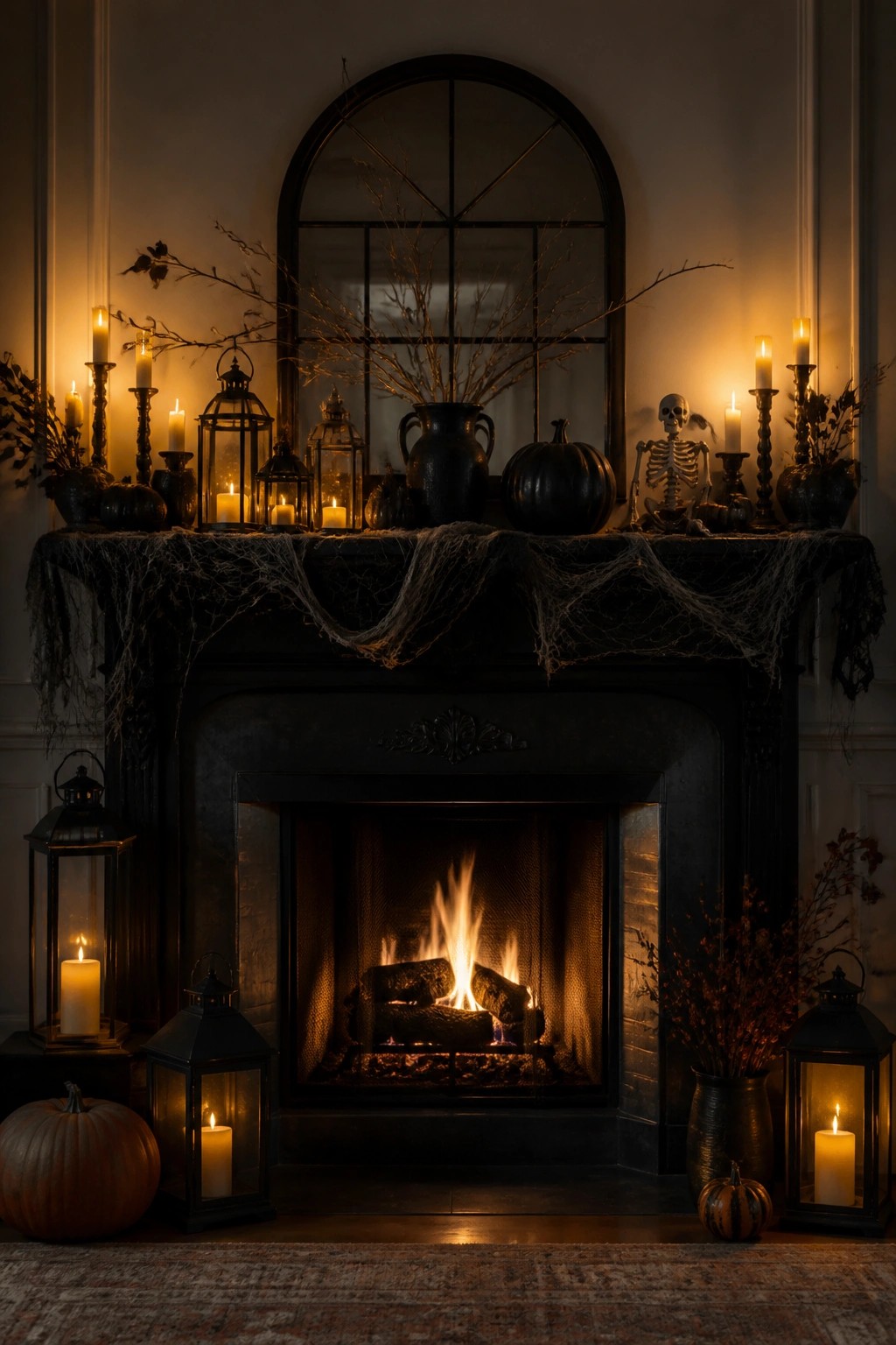 Gothic fireplace with burning flames, spiderweb mantel holding lit candles, pumpkins, and skeleton