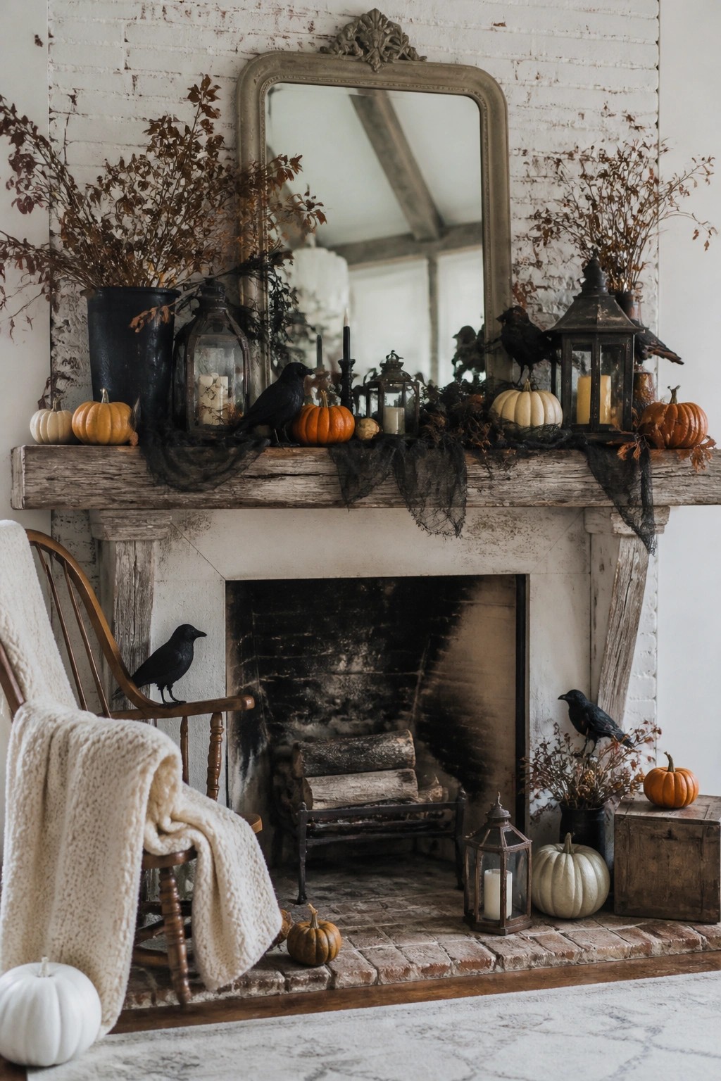 Rustic fireplace mantel decorated for Halloween with black crows perched among lanterns, pumpkins, and dark foliage.