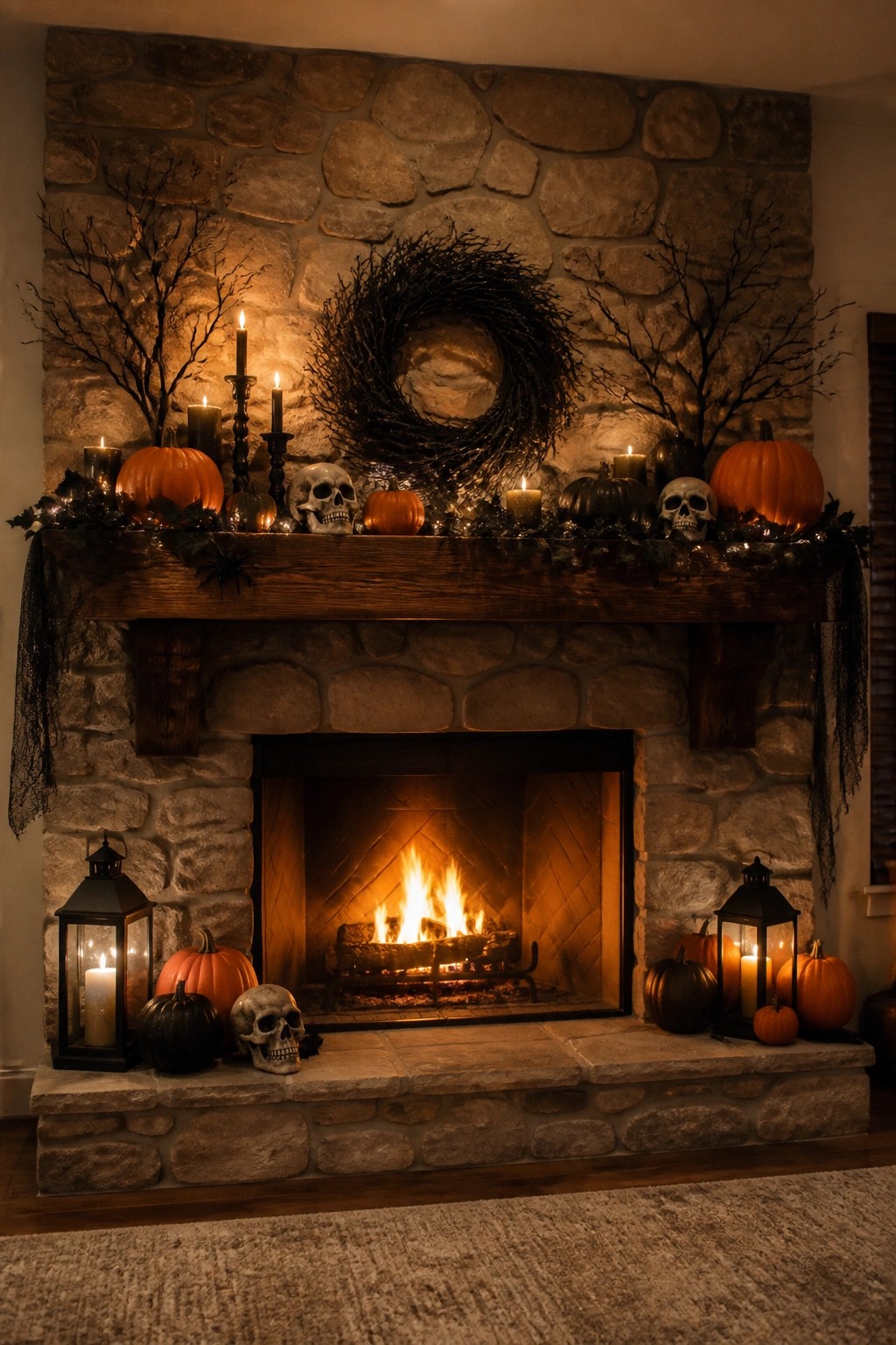 Stone fireplace mantel decorated with skulls, black branches, orange and black pumpkins, candles, and a dark wreath above a lit fire.