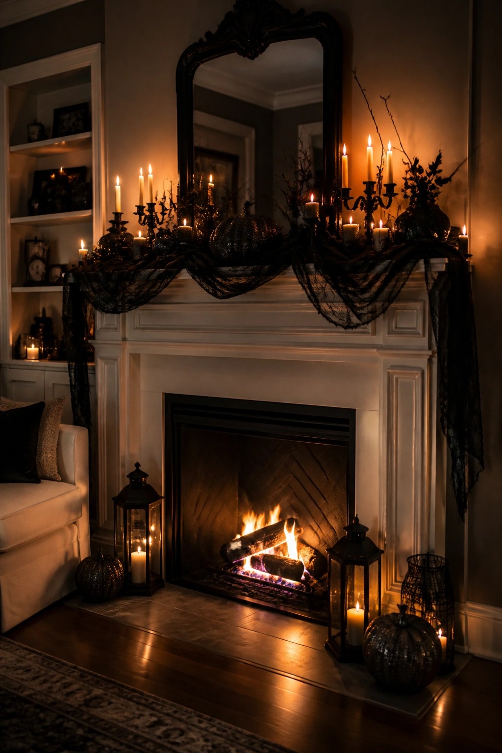 Fireplace with burning logs, white mantel draped in black lace, candles, and pumpkins.
