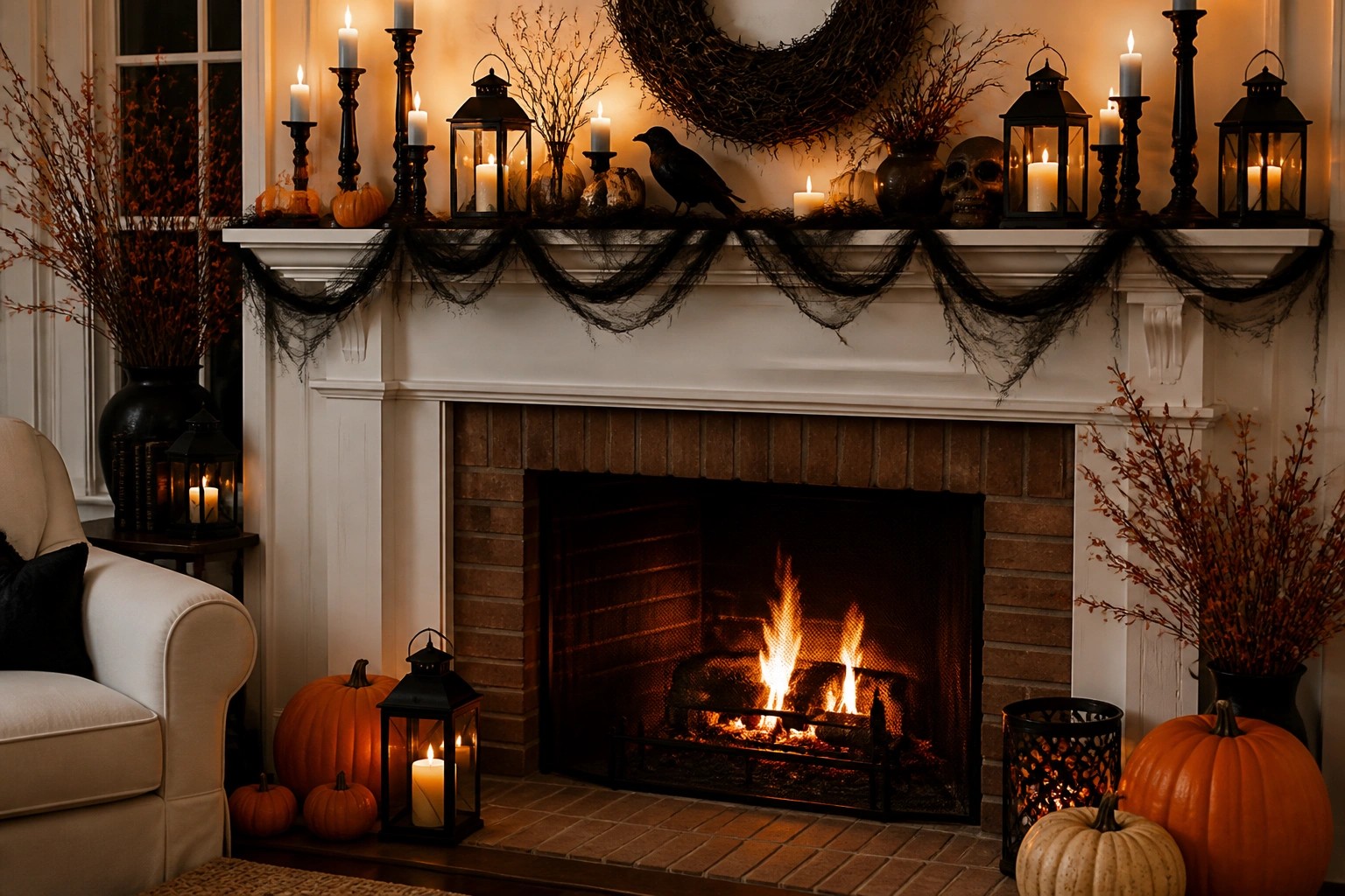 Cozy stone fireplace with burning fire, pumpkins, lanterns, and autumn decorations