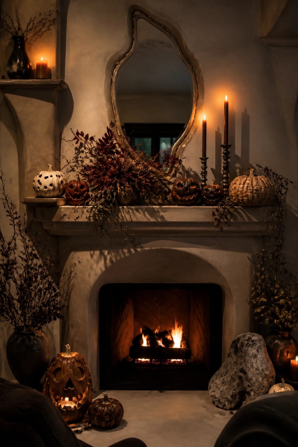 Rustic fireplace with burning fire, mantel adorned with pumpkins, candles, and dried foliage