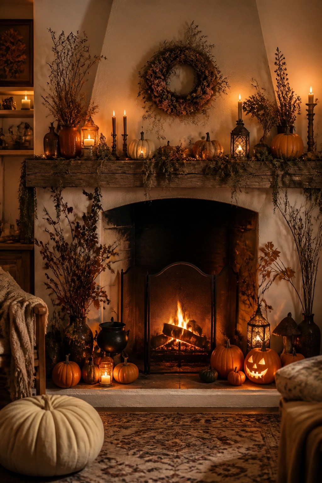 Cozy autumn fireplace with pumpkins, glowing candles, lanterns, and dried florals on mantel.