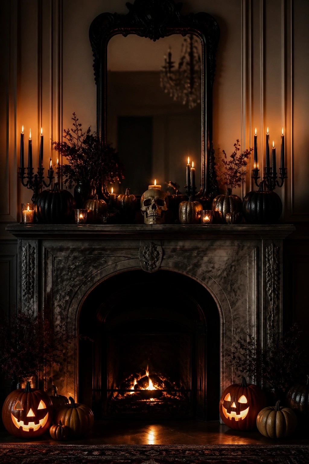 A marble fireplace mantel styled with black pumpkins, a skull, candles, and glowing jack o lanterns both on the mantel and on the floor in front of the fire.
