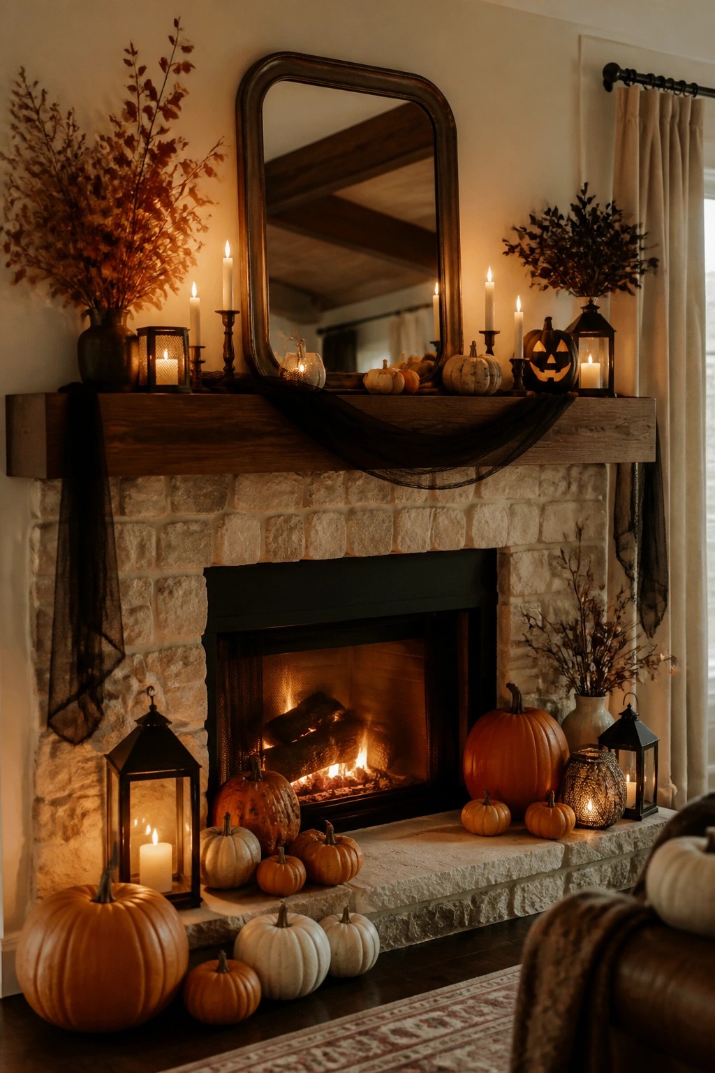 Cozy stone fireplace with burning fire, pumpkins, lanterns, and autumn decorations