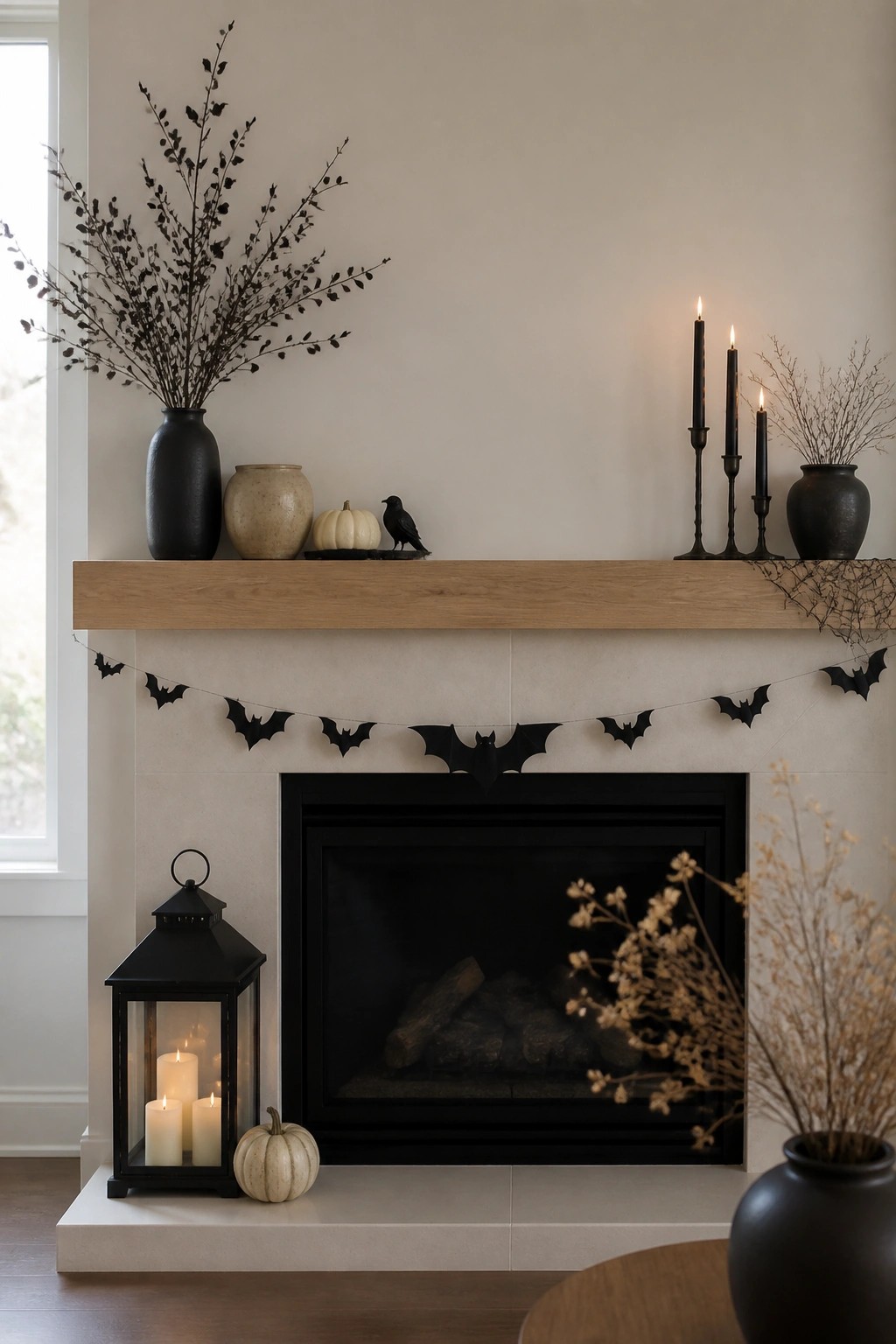 Fireplace mantel with bat garland, black candles, vases, pumpkins, and lantern.