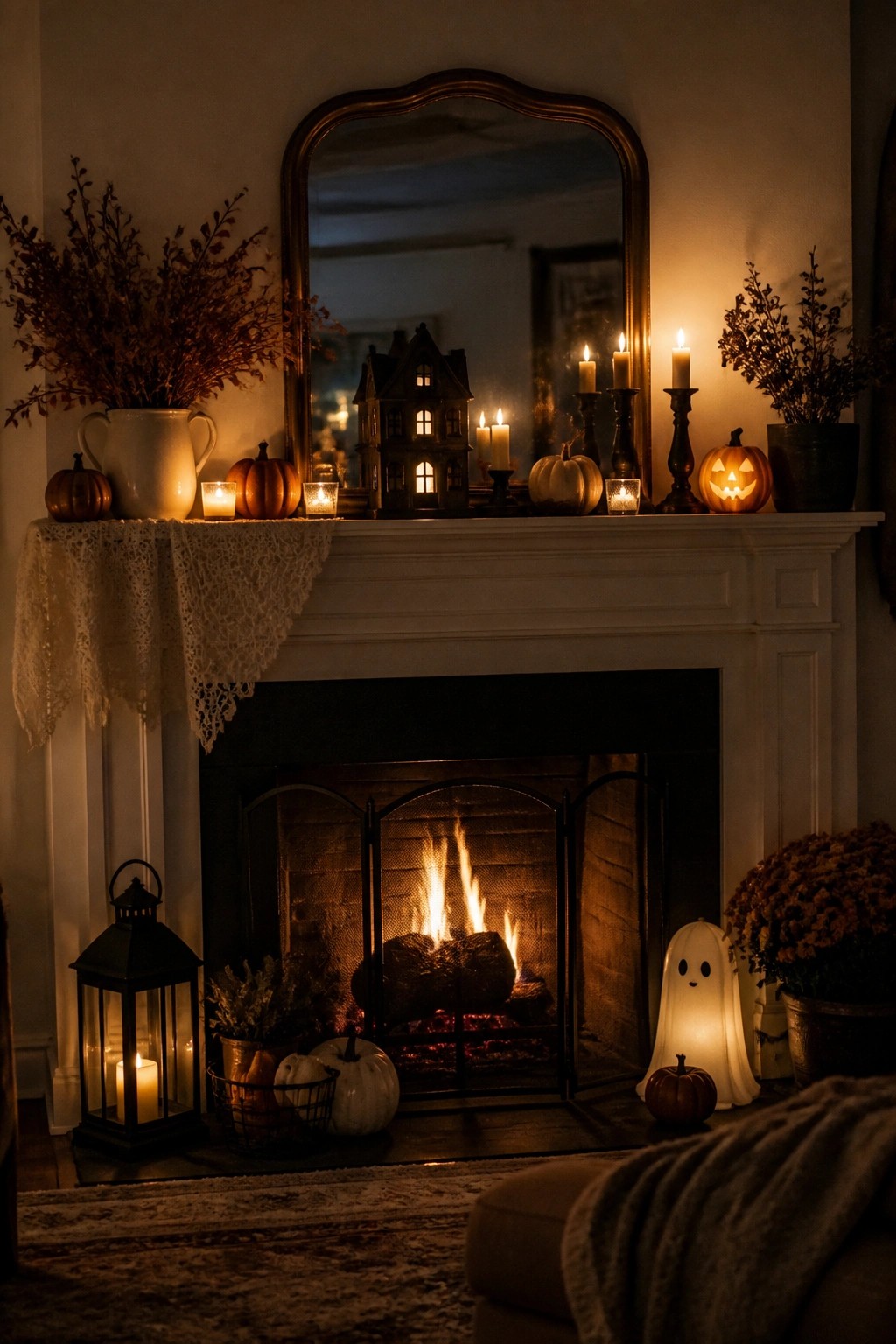 White fireplace mantel with a lit haunted house, jack o lanterns, candles, and dried foliage, plus a glowing ghost figure on the hearth.