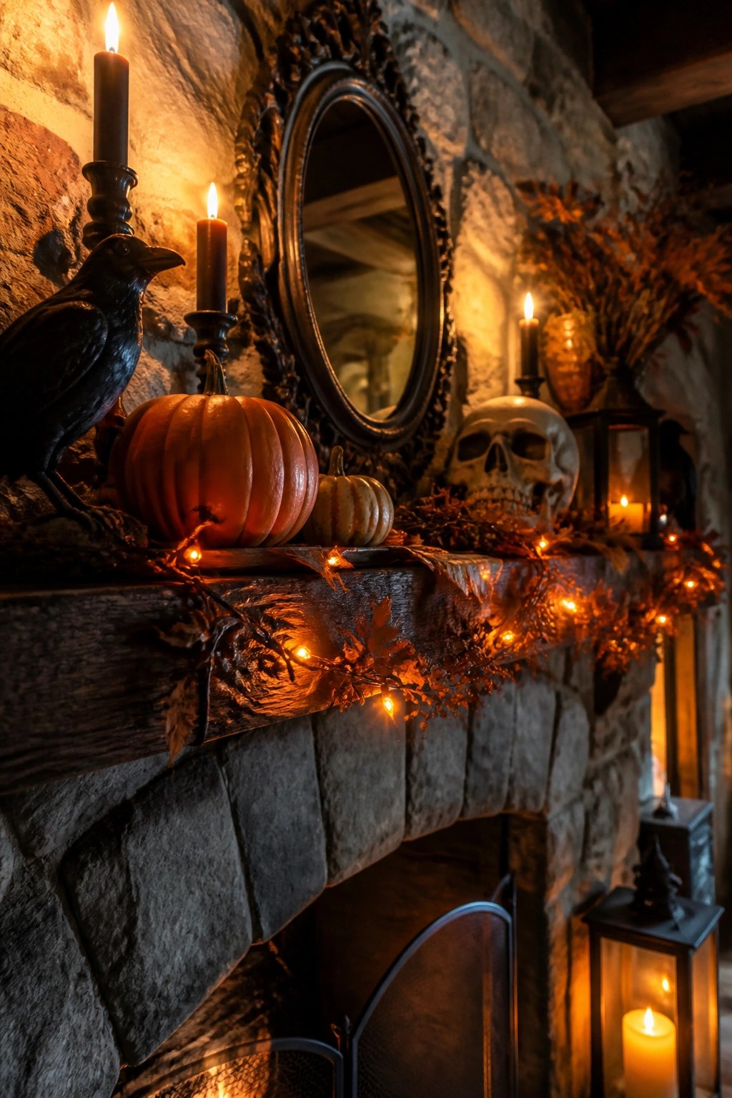 Stone fireplace mantel decorated with a black crow statue, white skull, orange pumpkins, black candles, and a garland of string lights.