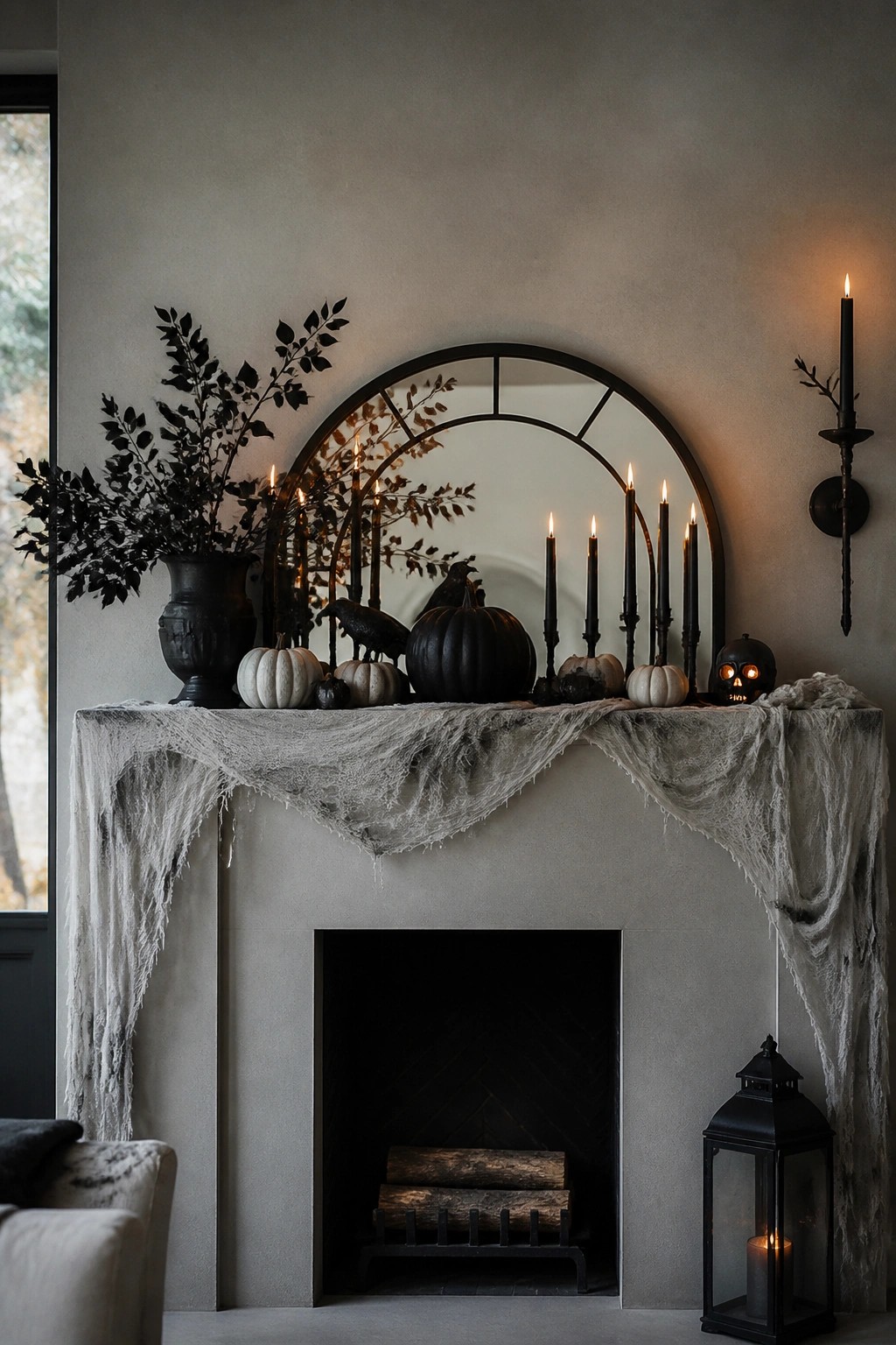 Spooky Halloween fireplace mantel with black pumpkins, crows, candles, and tattered cloth.