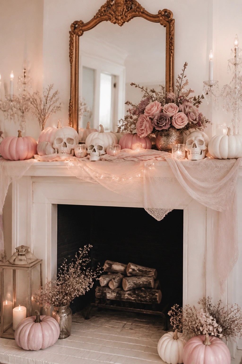 A white fireplace mantel decorated with white skulls, pink and white pumpkins, lit candles, and a large floral arrangement under an ornate gold mirror.