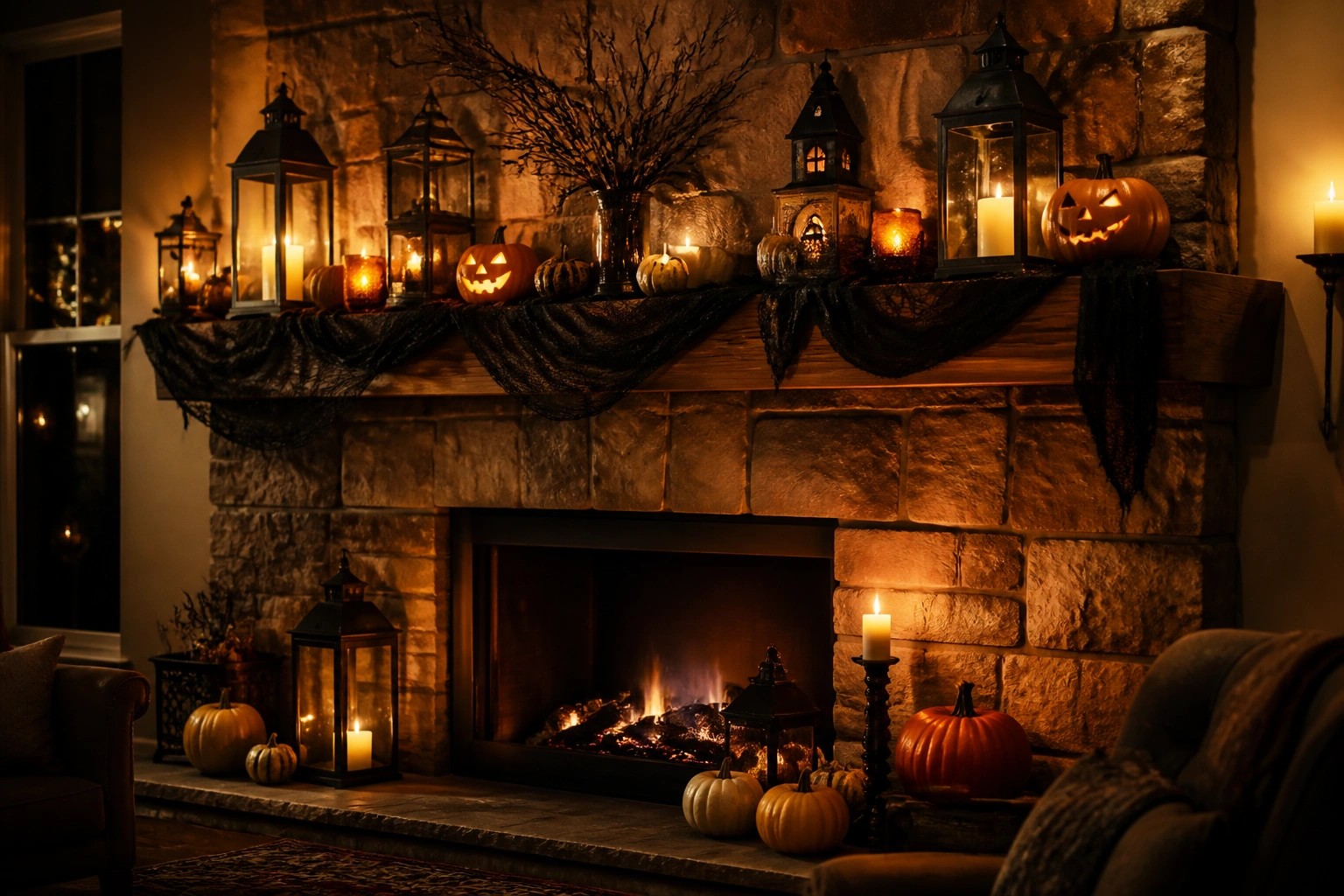 Stone fireplace with a mantel lined in pumpkins, black lanterns, dried branches, and a crow accent for Halloween.