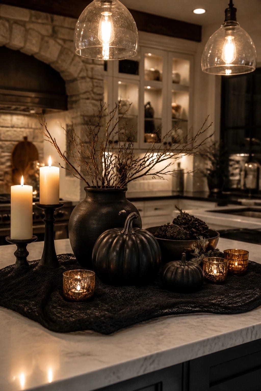 Kitchen island with black pumpkins, a dark vase of bare branches, and lit candles arranged on a black runner.