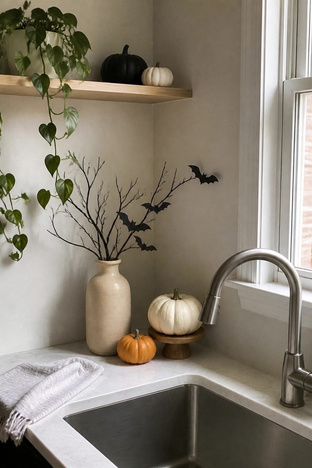 Kitchen counter vignette with a beige vase holding black branches and black bat cutouts, plus small pumpkins beside a stainless steel sink.