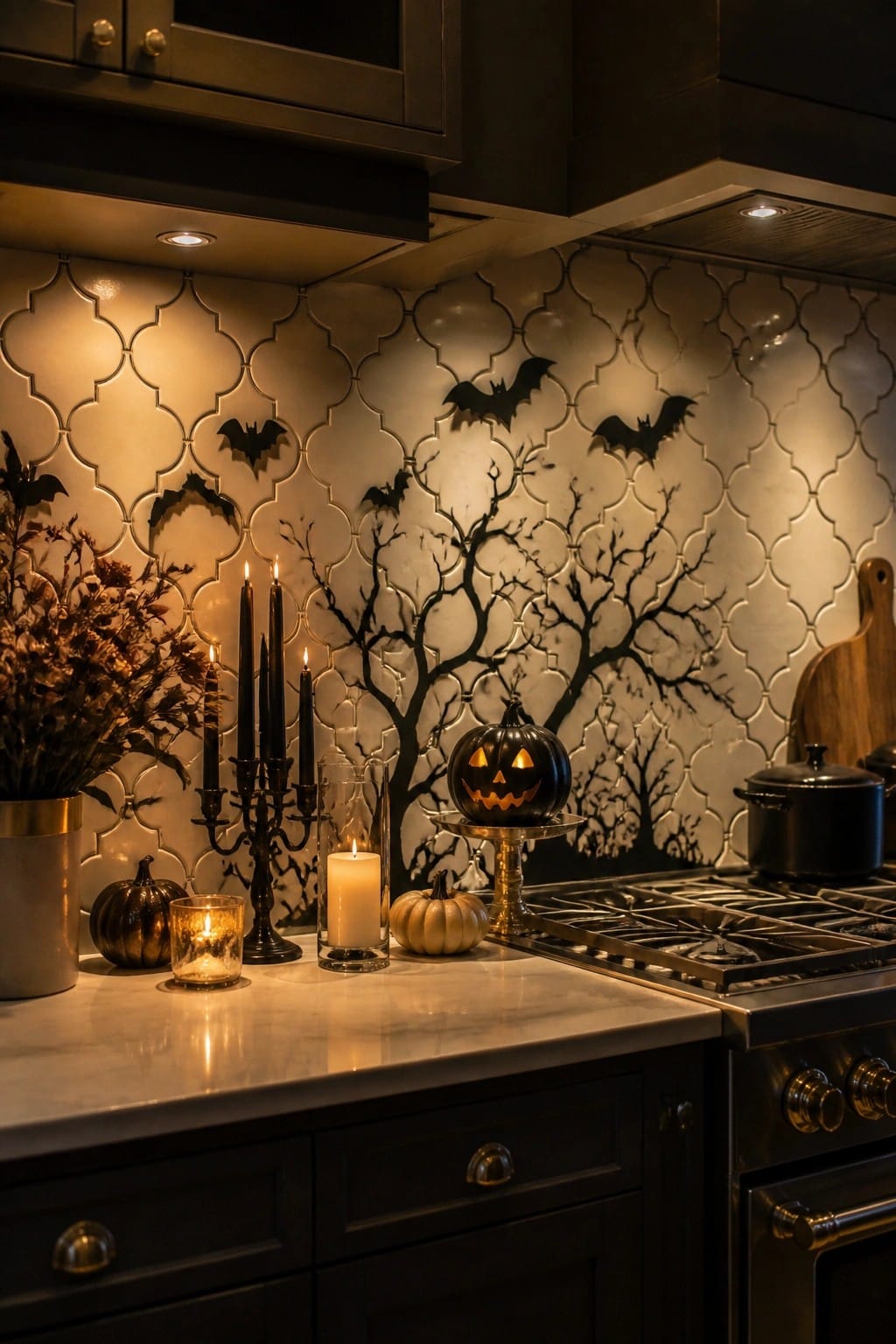 Kitchen counter with black bats arranged on a light tile backsplash, a jack-o'-lantern on a stand, and black candles nearby.