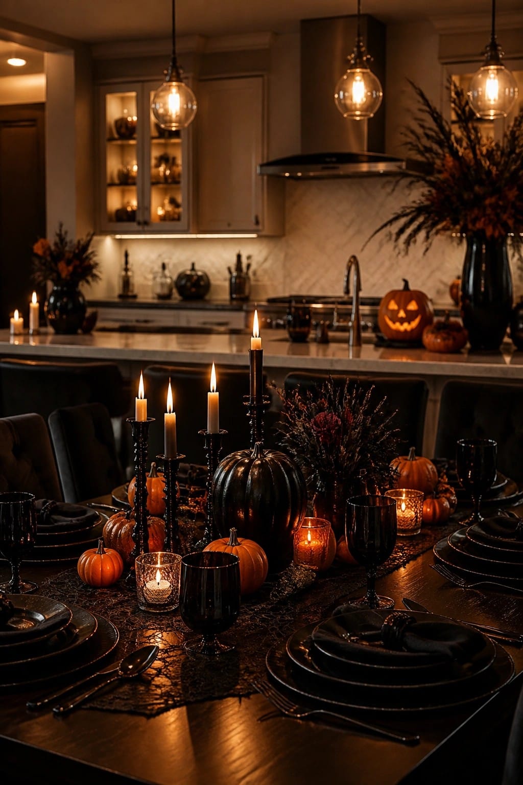 Elegant Halloween table with black dishes, lit candles, pumpkins, and dark decor.