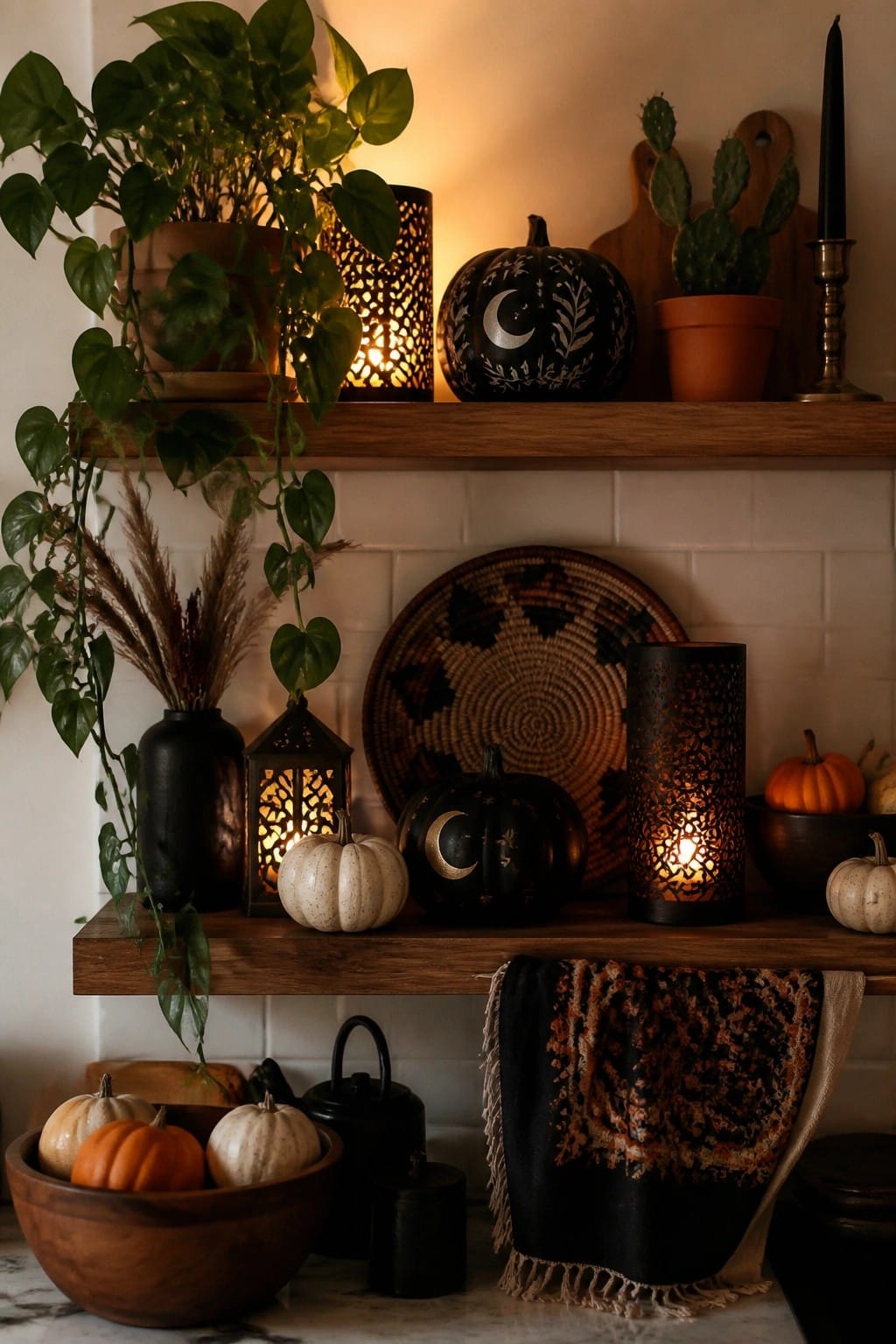 Wooden kitchen shelves holding black pumpkins painted with white moon designs, glowing metal lanterns, and small white pumpkins.