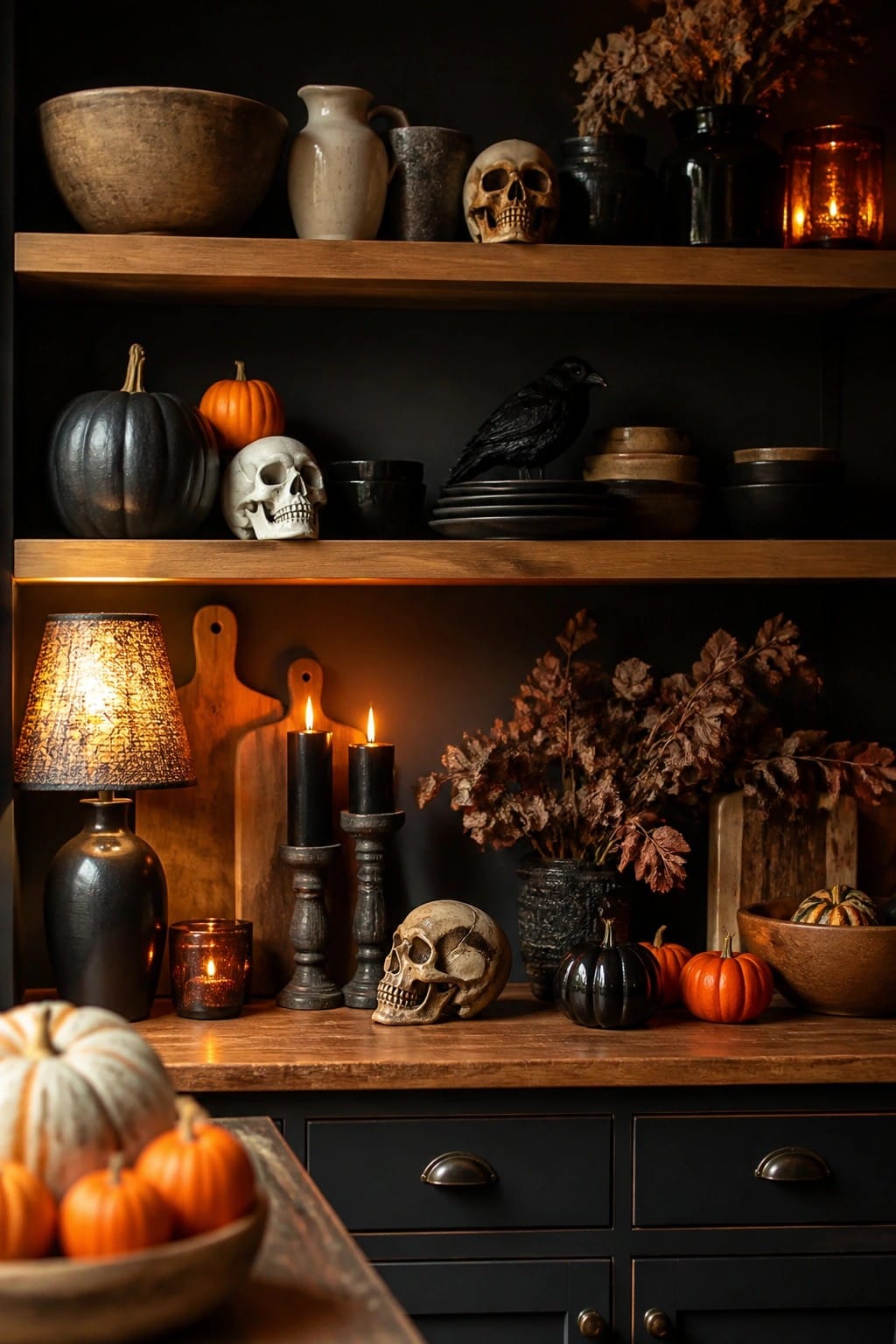 Kitchen with wooden open shelves holding skulls, black crow, pumpkins, and dark bowls above a wood counter with black candles and more skulls.