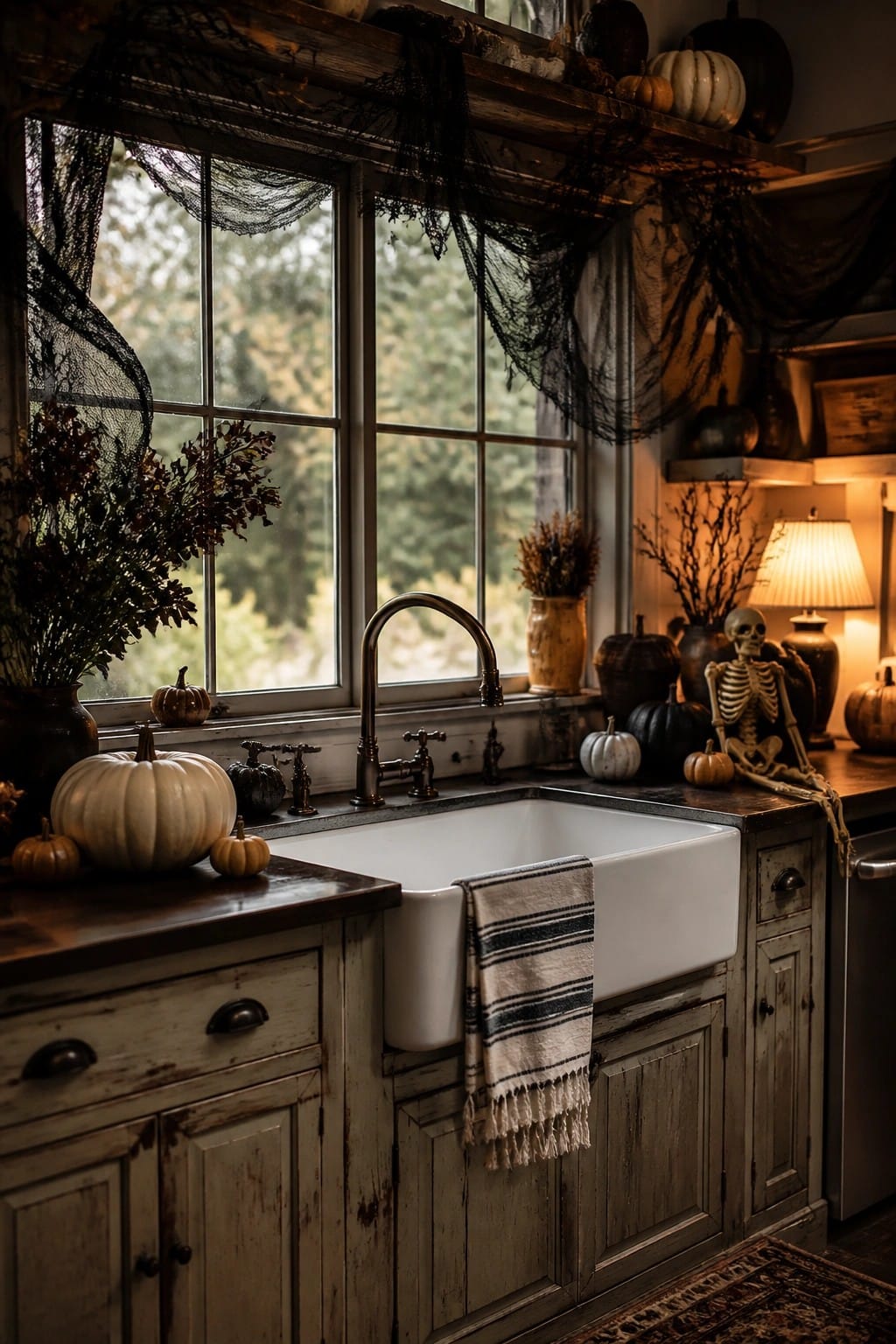 Kitchen sink area with white farmhouse sink, wooden cabinets, and black webbing draped over the window and shelves along with a skeleton on the counter.